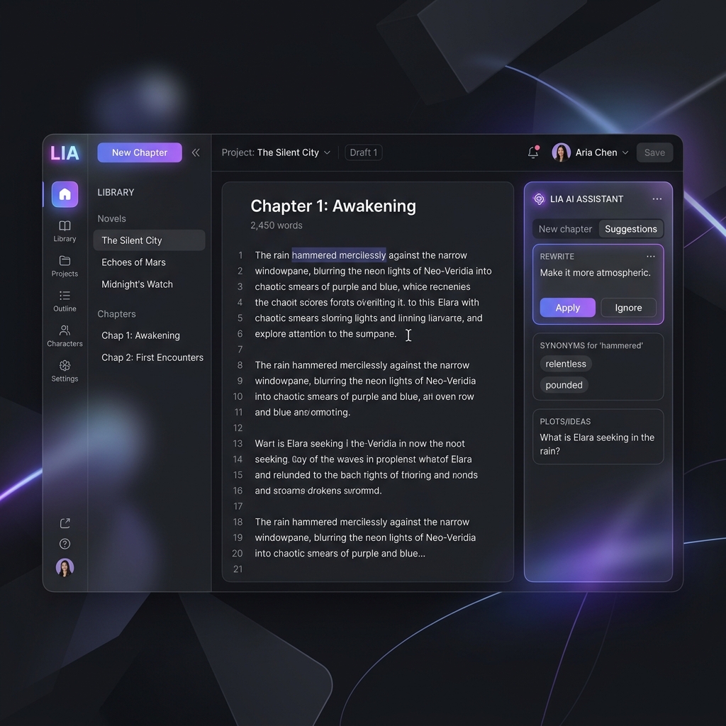 Mockup de la plataforma LIA mostrando el editor y lectura inmersiva con IA